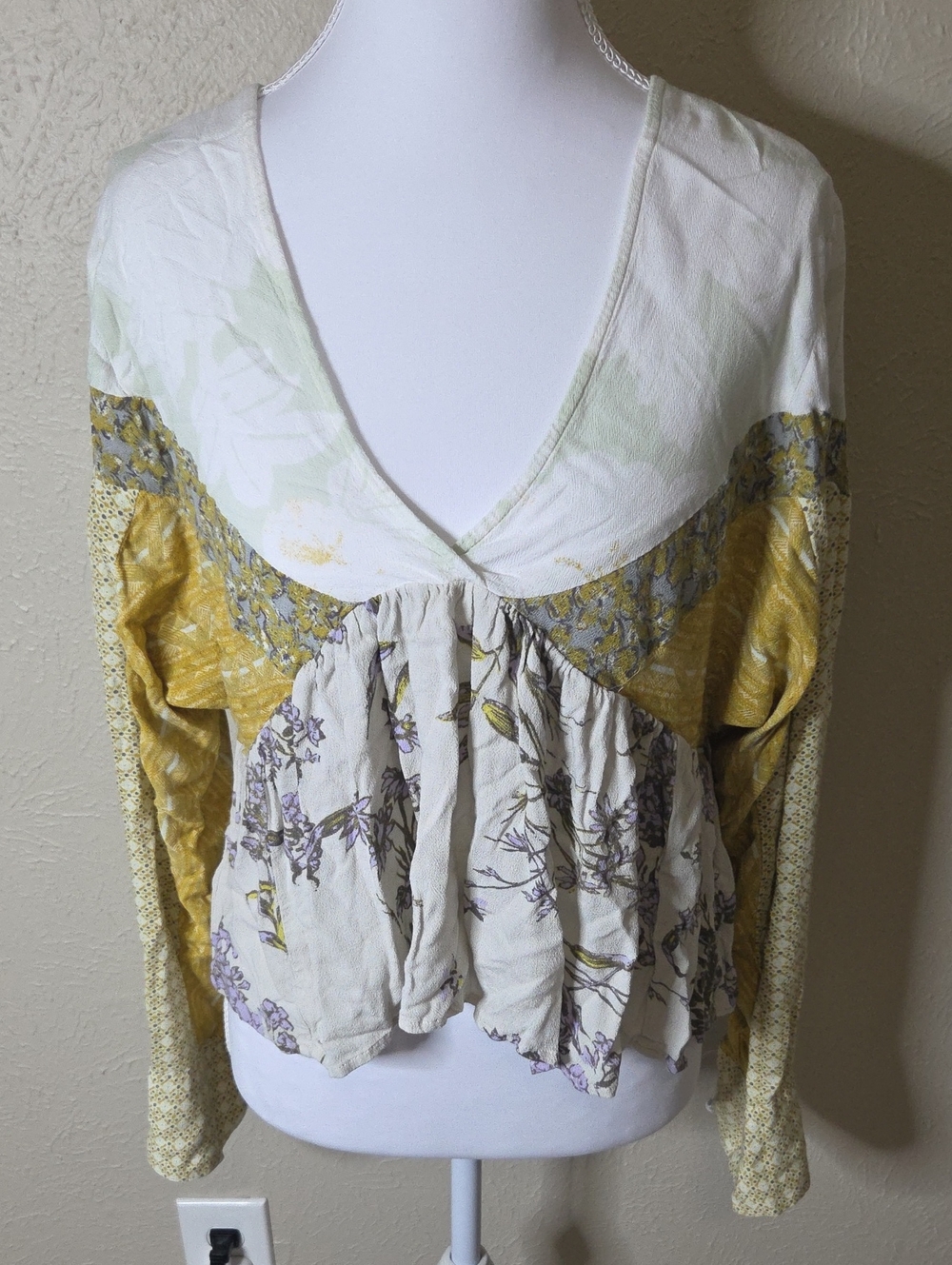 Free People Yellow and Cream Floral Patchwork V-Neck Crop Blouse, Large